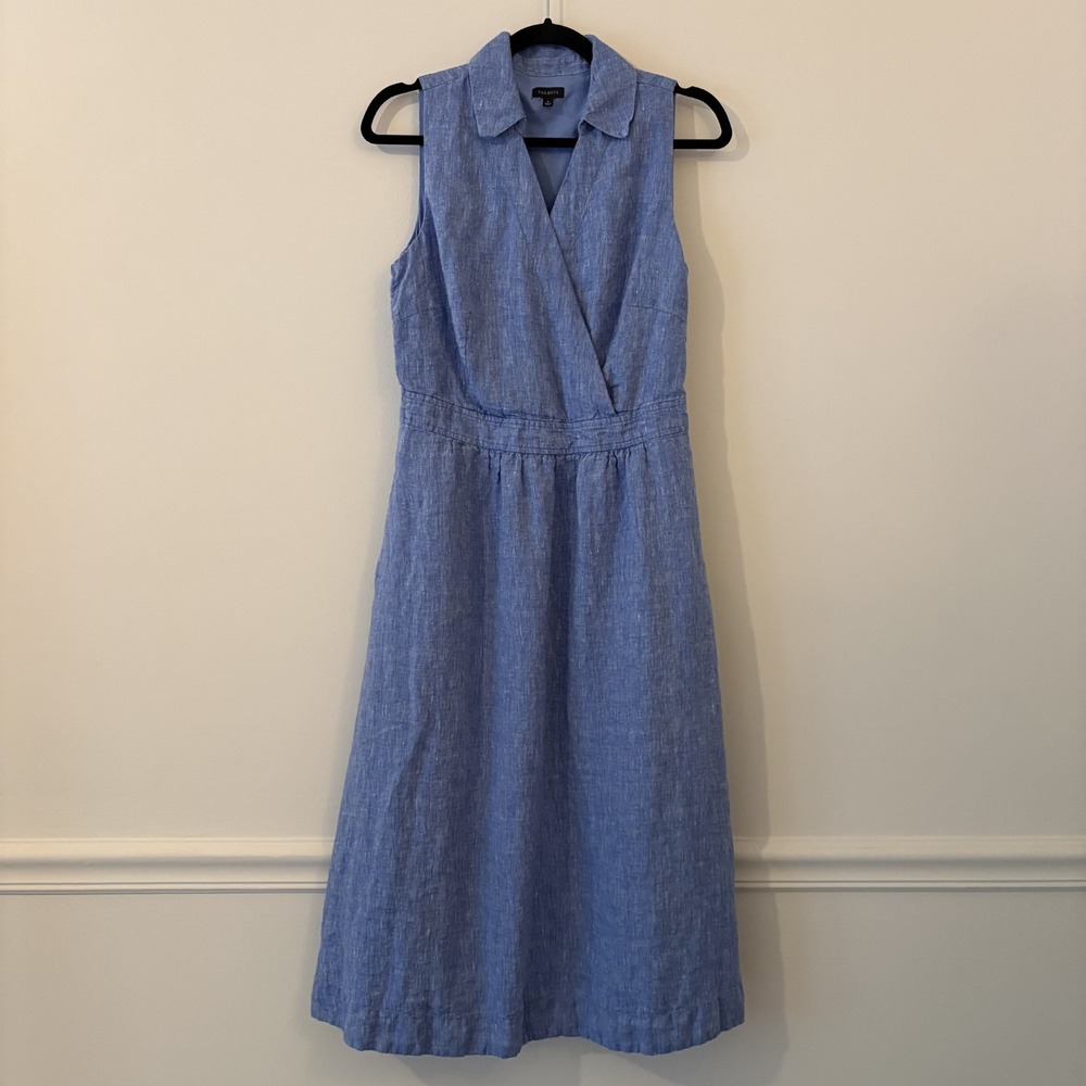 Talbots Linen Faux Wrap Midi Shirt Dress Blue 8 Coastal Preppy Minimalist Lined
